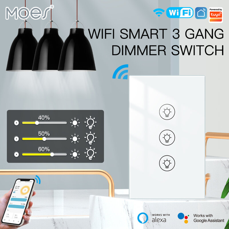 MOES New Tuya WiFi Multi-gang Smart Light Dimmer Switch 1/2/3 Gang Smart Life/Tuya APP Works with Alexa Google Voice Assistants
