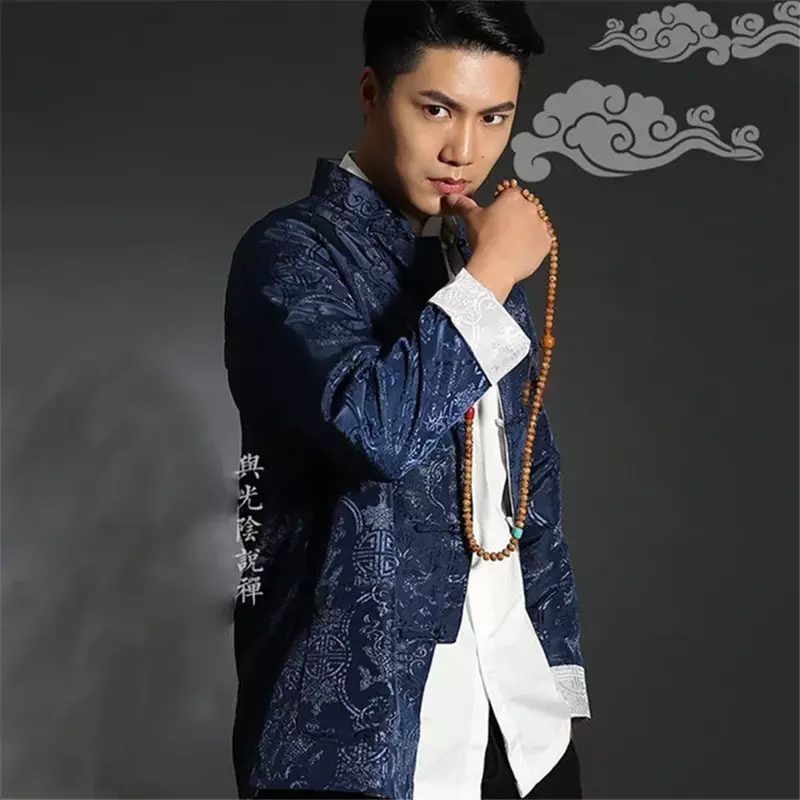 Tang Setelan Kemeja Cina Gaya Jaket Kerah Pakaian Tradisional Cina untuk Pria Sutra Kungfu Atasan Cheongsam Hanfu Pria Kedua Sisi