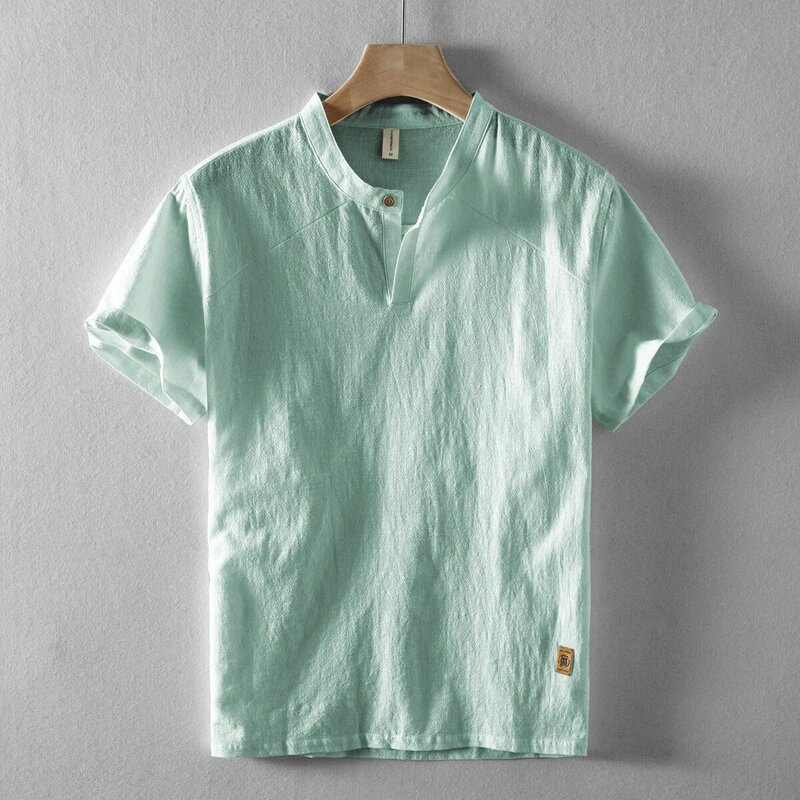 M-5XL 2024 Sommer dünne neue Herren Freizeit hemden Retro chinesischen Stil Stehkragen fit Baumwolle Leinen Kurzarmhemd weiß grün