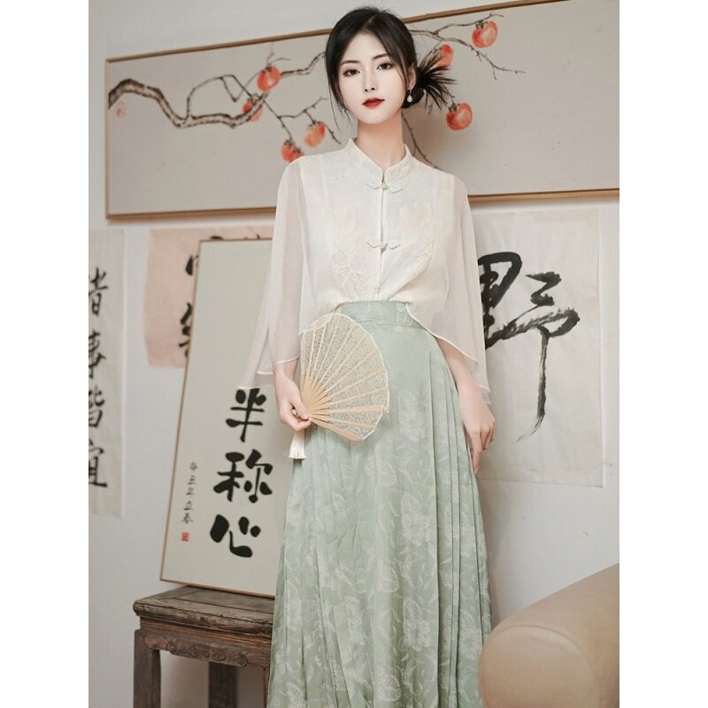 New Hanfu Embroidery Elegant Ethnic Style Top+New Chinese Improved Horse Face Skirt Two Piece Set