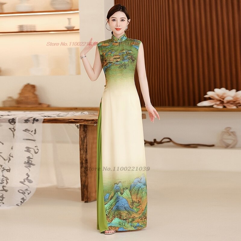 Восточное улучшенное китайское платье Ципао без рукавов с цветочным принтом, элегантное вечернее праздничное платье Ципао, 2024