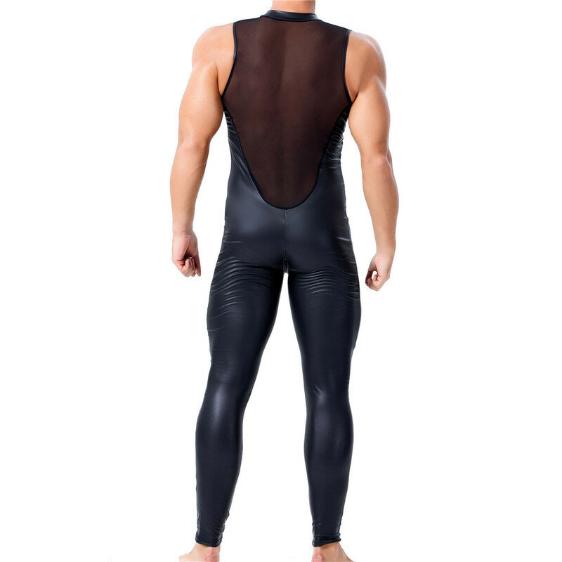 Mens Undershirts PU Leather WetLook One-piece Leotard Stage Dancewear Long Pants Trousers See Through Vest Bodysuits Jumpsuit