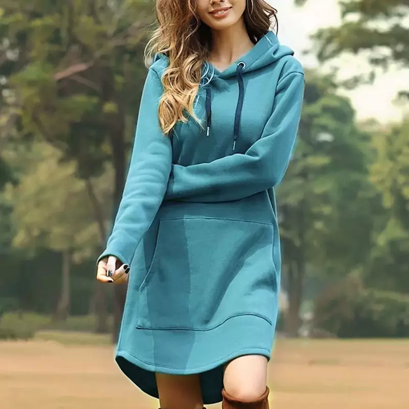 فستان هوديي المتضخم للمرأة ، البلوز نمط طويل ، هوديس فضفاض غير رسمي ، أحادية اللون ، جيب هودي ، بلوزة Kpop ، موضة جديدة