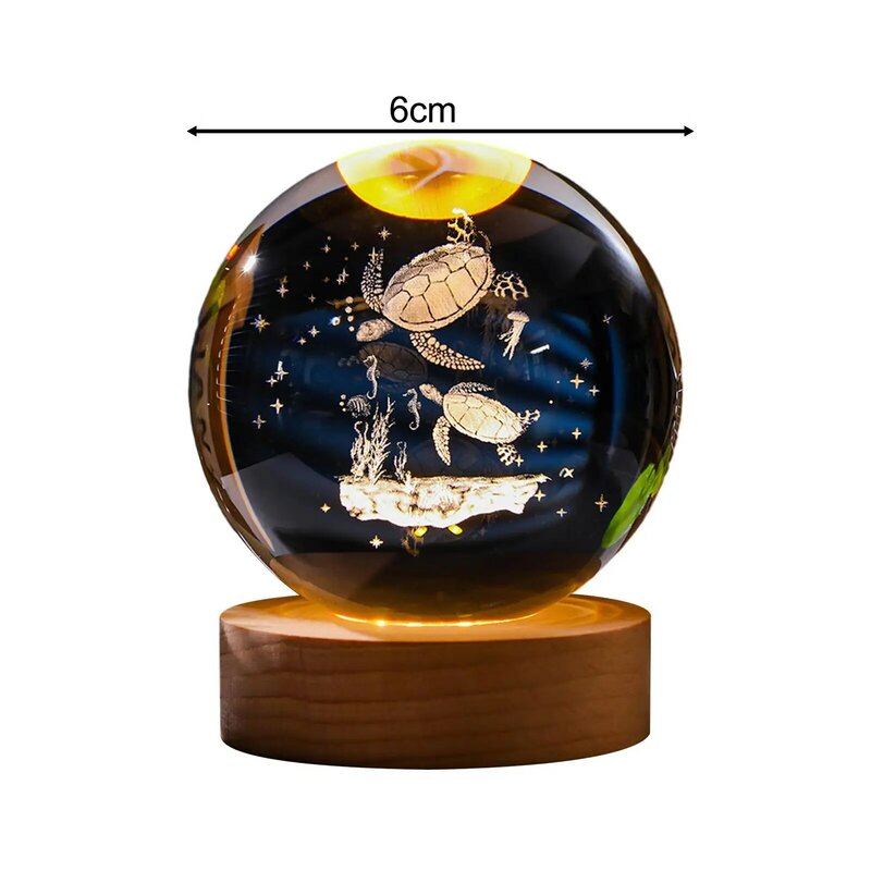 Bola de cristal Artificial 3D de 2,4 pulgadas, luz nocturna, Base de madera para decoración de dormitorio