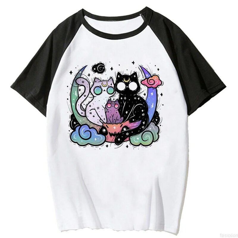 Топ с принтом кота, женская футболка аниме, женская одежда Манга