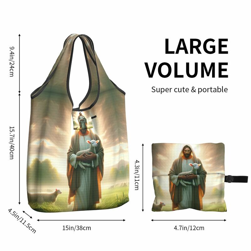 Large Reusable Lamb Of God Jesus Christ Grocery Bags Recycle Foldable Religious Catholic Saint Shopping Tote Bag Washable