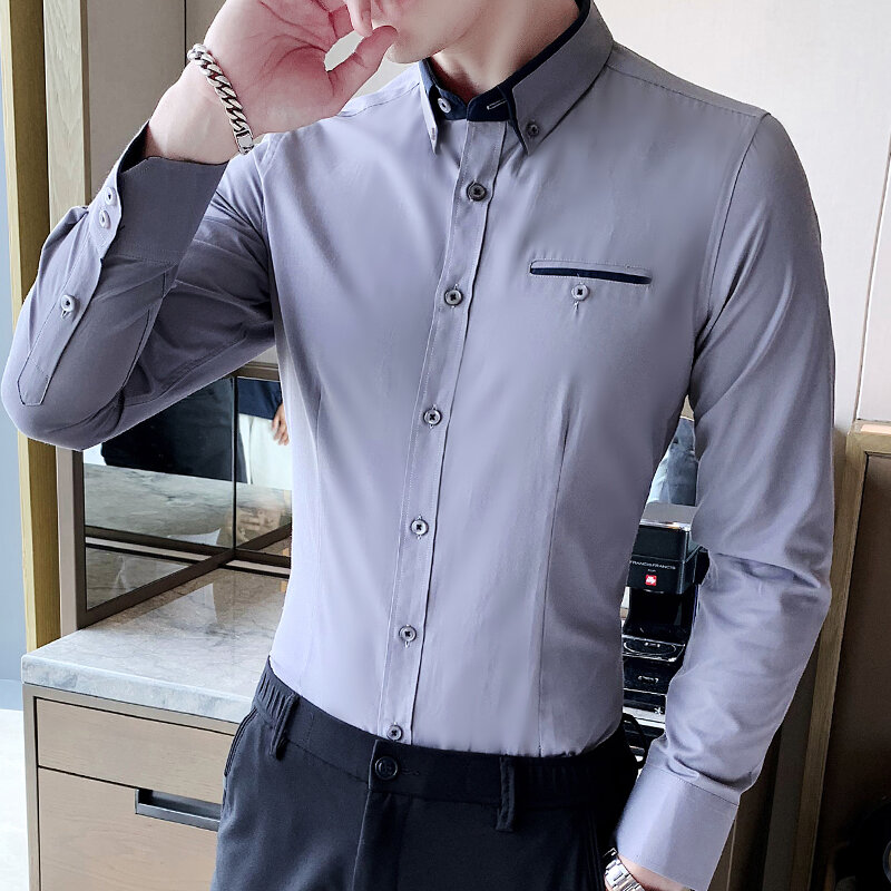 Camisa de manga larga de sarga para hombre, vestido a rayas de color liso, informal, ajustada, para oficina y negocios, M-5XL