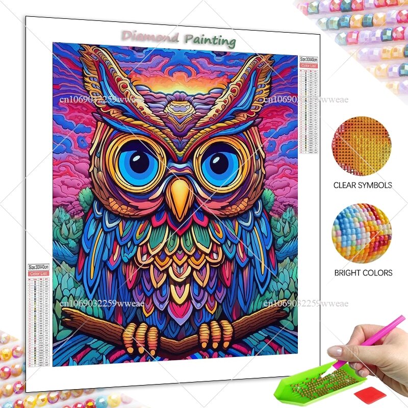 Pintura Diamante animal colorido, 5D DIY Kit de Broca Completa, Fantasia Noite Coruja, Ponto Cruz, Bordado, Decoração Da Parede Criativa