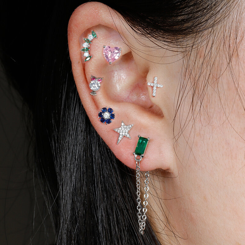 1pc Stainless Steel Zircon Ear Stud Earrings Cute Animal Bear Gecko Helix Screw Cartilage Piercing Earring Woman's Jewelry