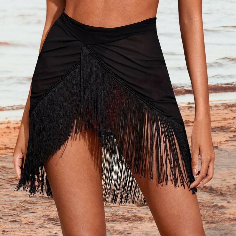 Dance Skirt Stylish Women's Beach Skirt with Irregular Tassel Hem High Waist See-through Design for Dance Clubs Parties Bikini