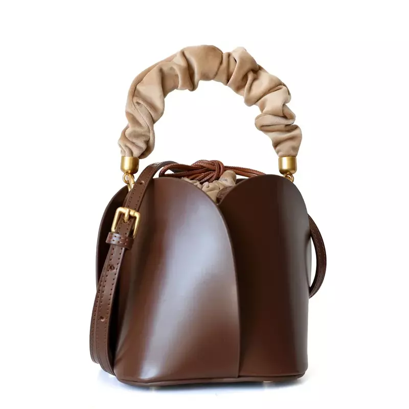 Daily commuting flower bucket bag cowhide bag single shoulder crossbody genuine leather bag