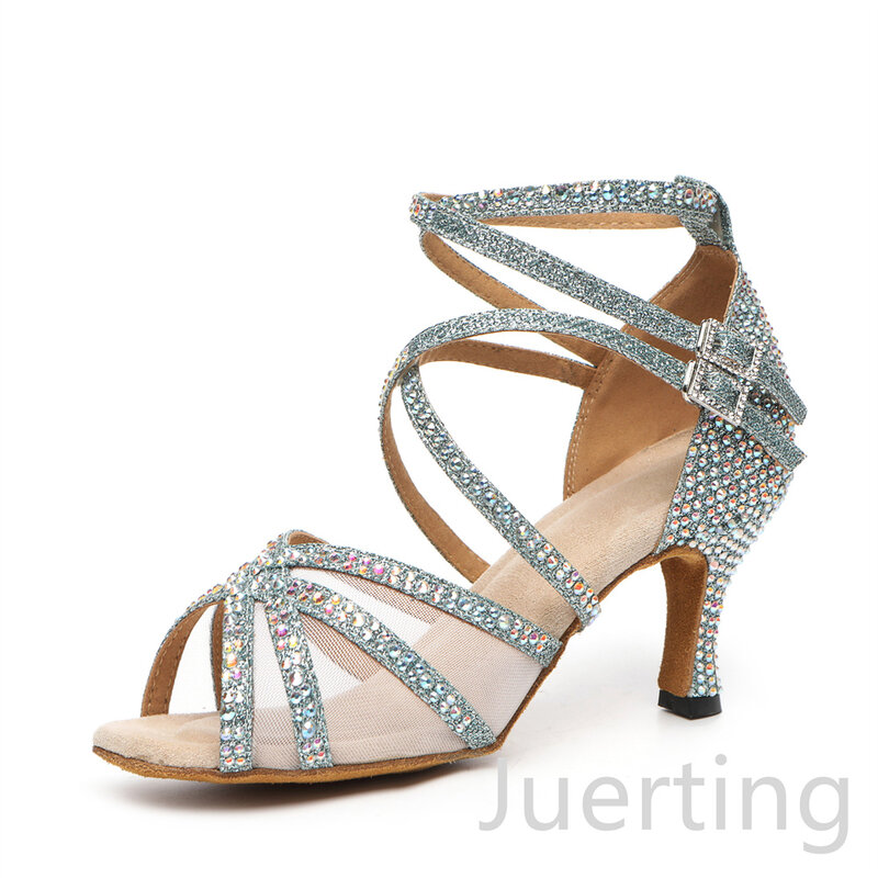 Zapatos de baile de fiesta para mujer, calzado de satén brillante con diamantes de imitación, zapatos de baile latino de fondo suave, zapatos de baile de Salsa, heel5CM-10CM