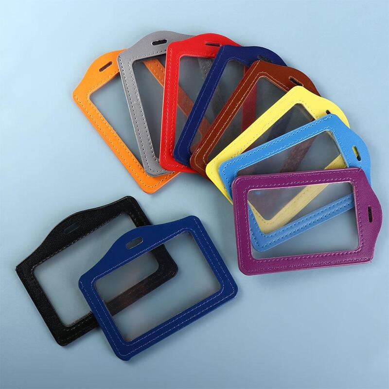 Double-Sided ID Badge Case Transparent Work Identity Business Card Holder Colorful PU Leather Name Card Cover Credit Card