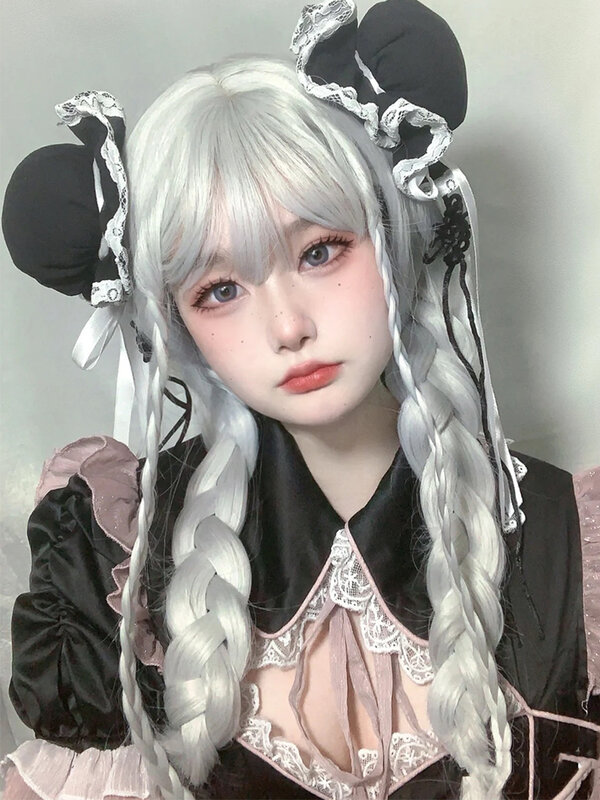 여성용 긴 스트레이트 헤어 시뮬레이션 흰색 가발, 일본 할로윈 코스 애니메이션 에어 앞머리, 로리타 풀 헤드 가발 스타일