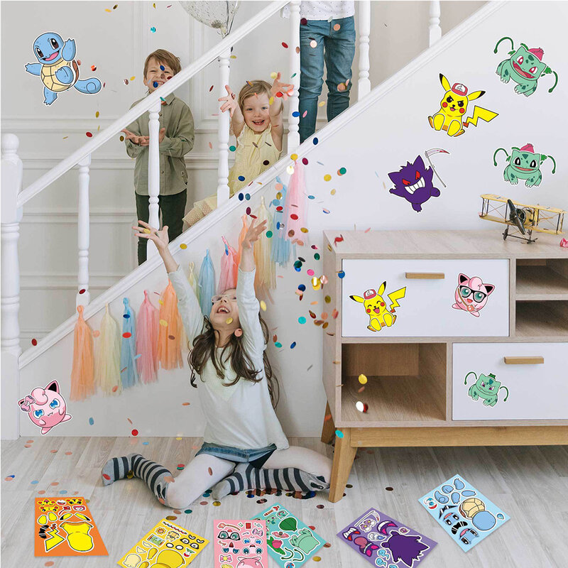 8/16Sheets Pokemon Children DIY Anime Puzzle Stickers Make-a-Face Assemble Funny Cartoon Decal Assemble Jigsaw Boy Kids Toy Gift