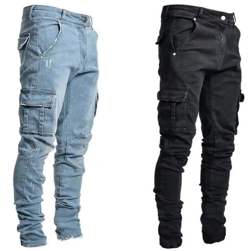 Pantalones vaqueros con varios bolsillos para hombre, Vaqueros Cargo de cintura media, talla grande, informales, ropa de uso diario