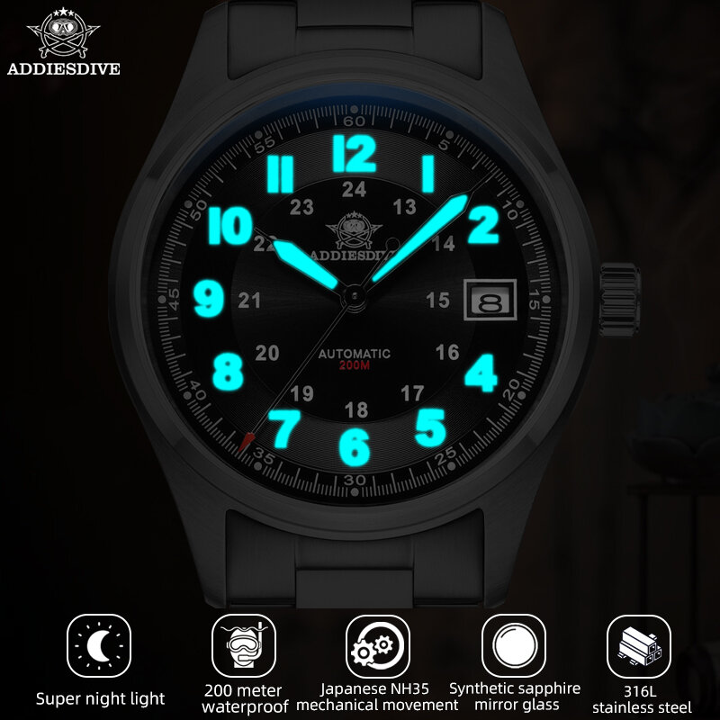 ADDIESDIVE 남성용 자동 시계, 럭셔리 사파이어 NH35, 200m 방수 손목시계, 빛나는 스테인리스 스틸 원피스 시계, 39mm
