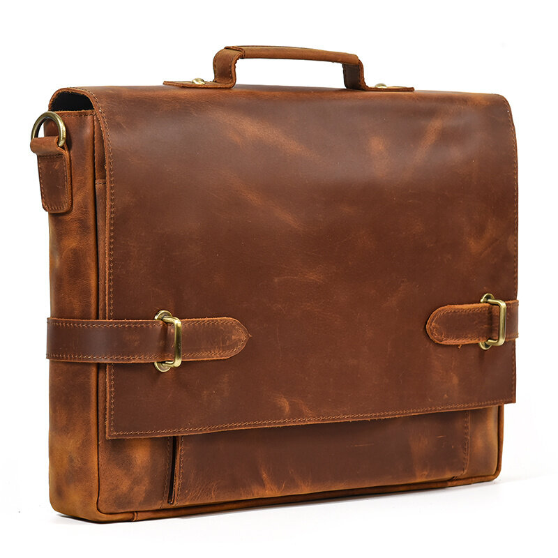 Vintage leather men portfolio genuine lawyer doctor briefcase document 14" laptop messenger shoulder brief attache case