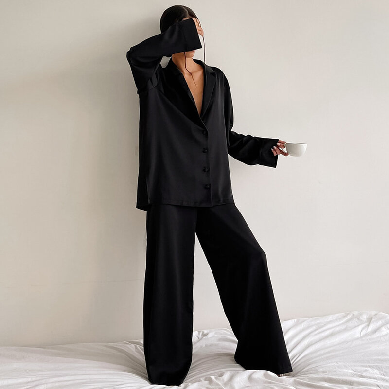 Txii-pijama de cetim e seda feminino, sleepwear sexy, corte baixo, single-breasted, mangas compridas, calças de perna larga, calças