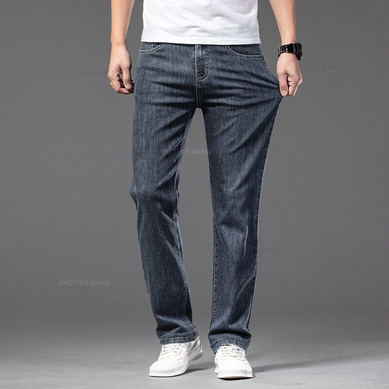2024 летние новые мужские тонкие джинсы с эластичным поясом, свободные прямые удобные повседневные джинсовые брюки, Брендовые брюки, 42 44 46