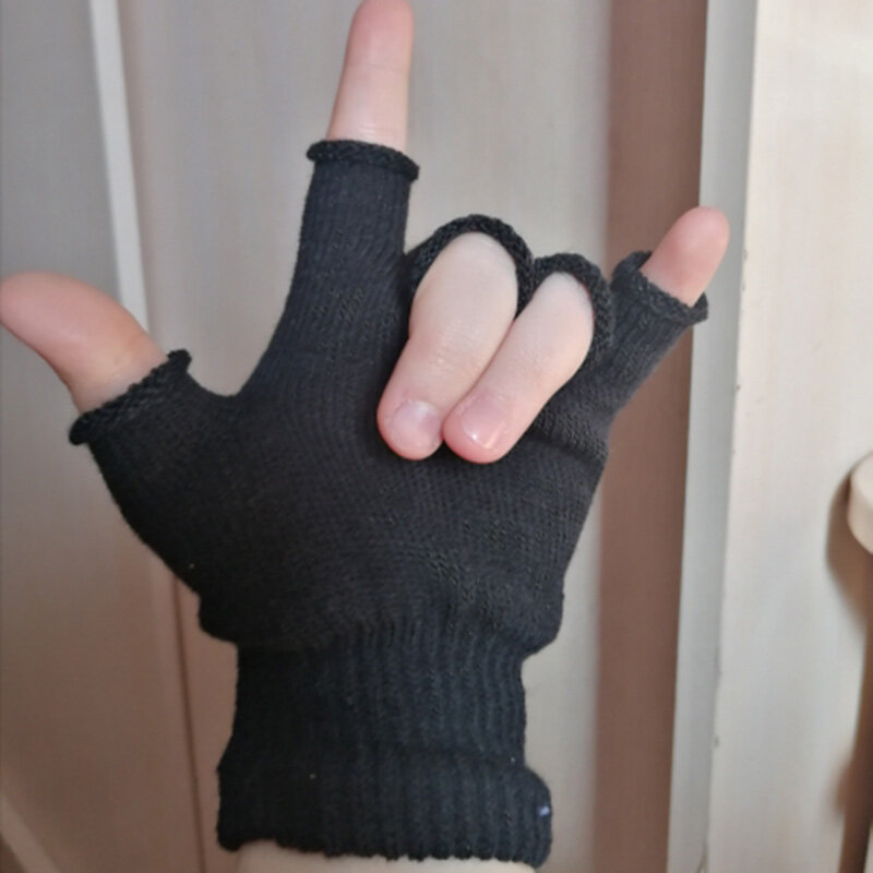 ใหม่สีดำสั้นครึ่งนิ้ว Fingerless ถักถุงมือข้อมือฤดูหนาวยืดถุงมือทำงานสำหรับสตรีและผู้ชายอุปกรณ์เสริม
