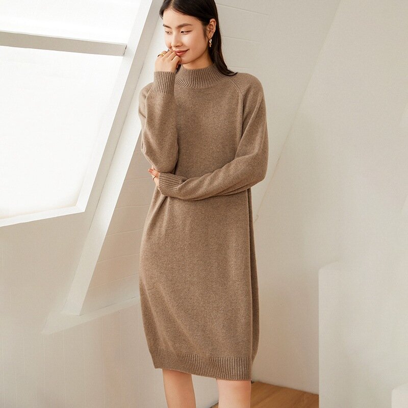 Suéter de Cachemira de Cuello medio alto para mujer, vestido largo suelto por encima de la rodilla, Base de punto, otoño e invierno, nuevo