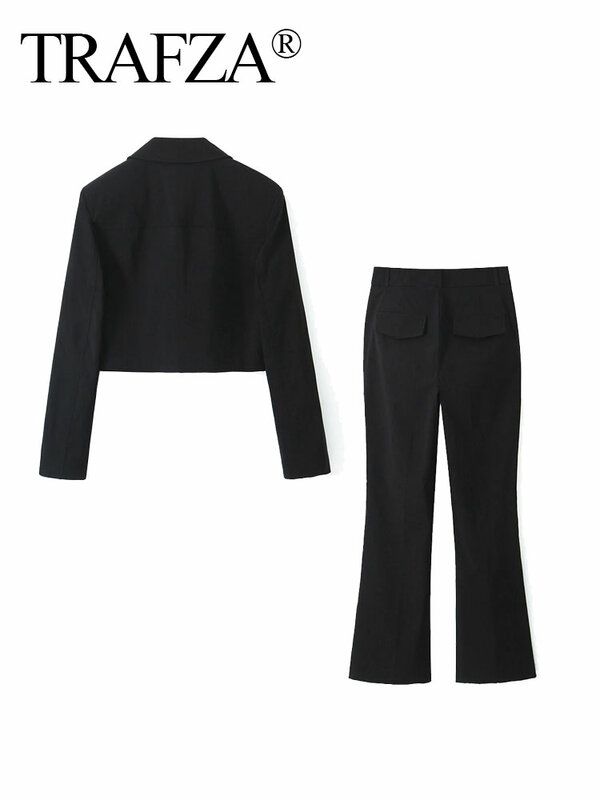 TRAFZA Fashion Streetwear High Waist Women's Zip Fly Slim Flare Pants + Chic Shirt Collar Short Women's Pocket Jacket Coat Suit