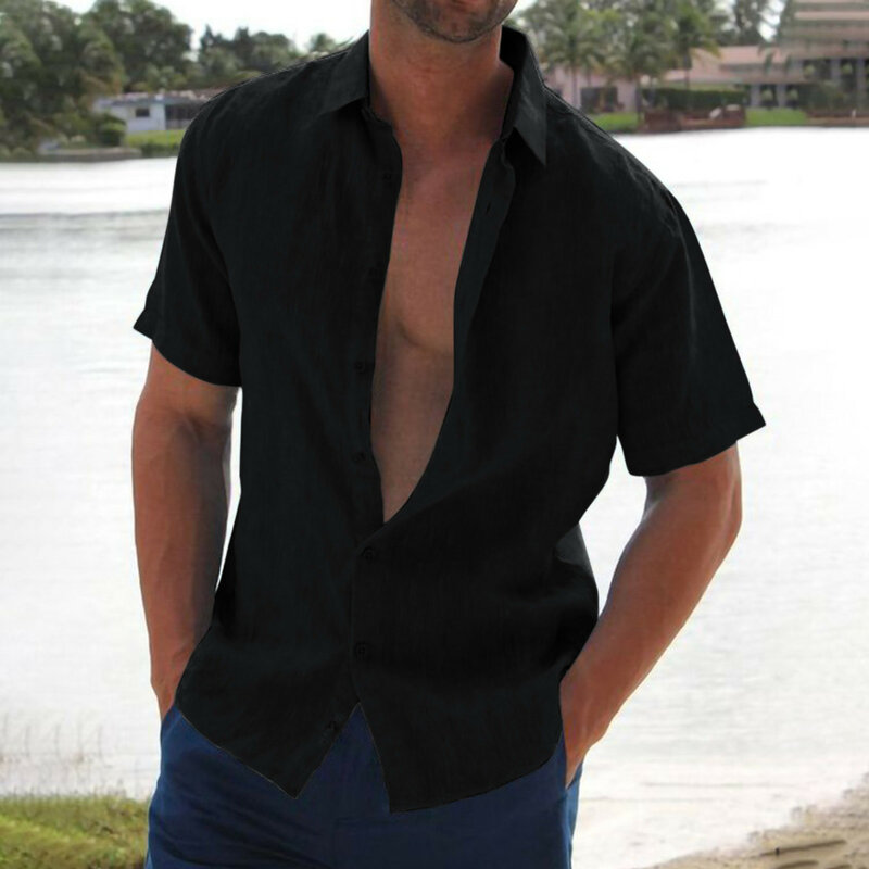 Blusa informal de lino y algodón para hombre, camisa holgada de manga corta, para primavera y verano, 2023