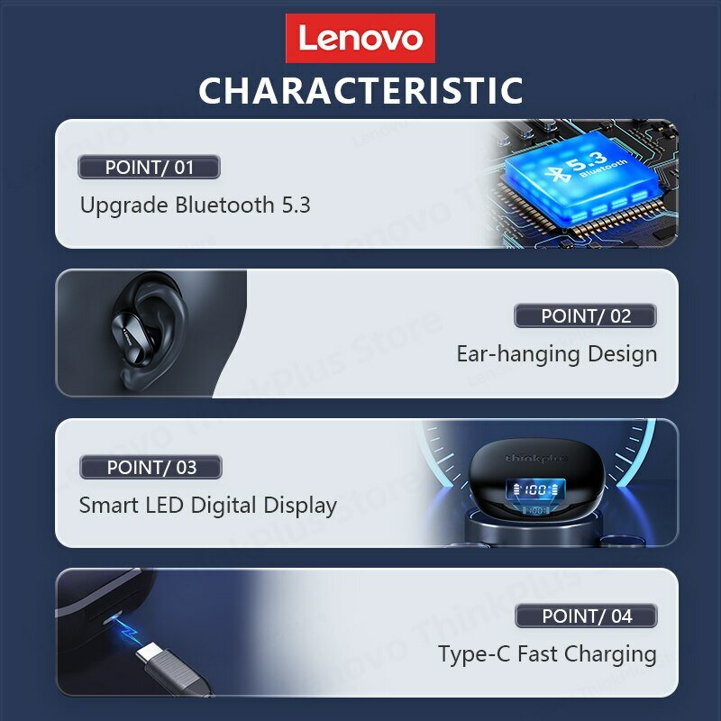 Lenovo หูฟัง5.3บลูทูธไร้สาย TWS, LP75 LED หน้าจอดิจิตัล HiFi สเตอริโอลดเสียงรบกวนสำหรับเล่นเกม