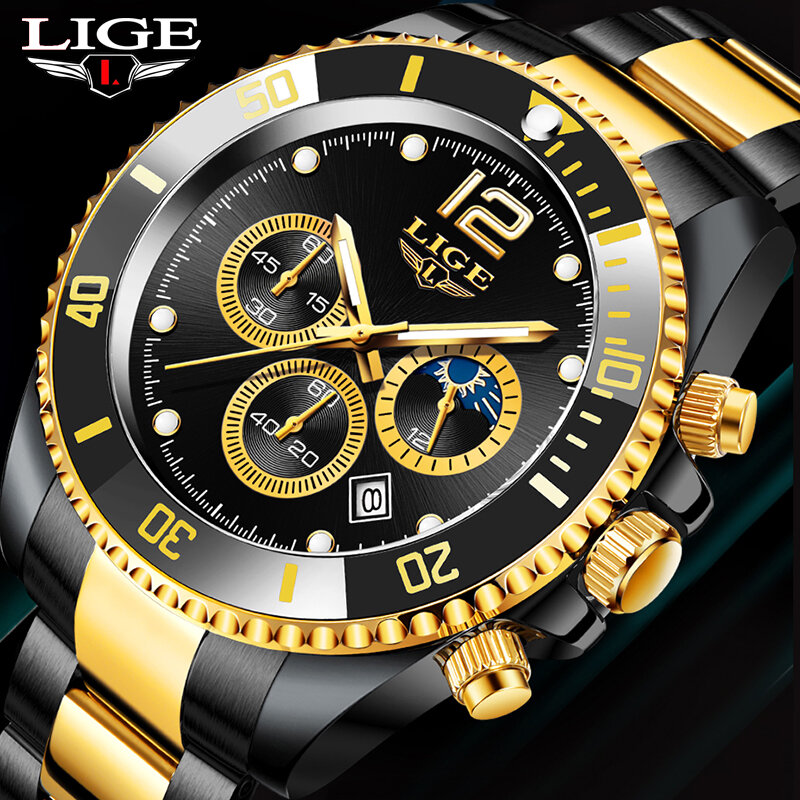 LIGE 남성용 오리지널 방수 스테인레스 스틸 쿼츠 시계, 패션 비즈니스 럭셔리 손목시계, 최고 브랜드