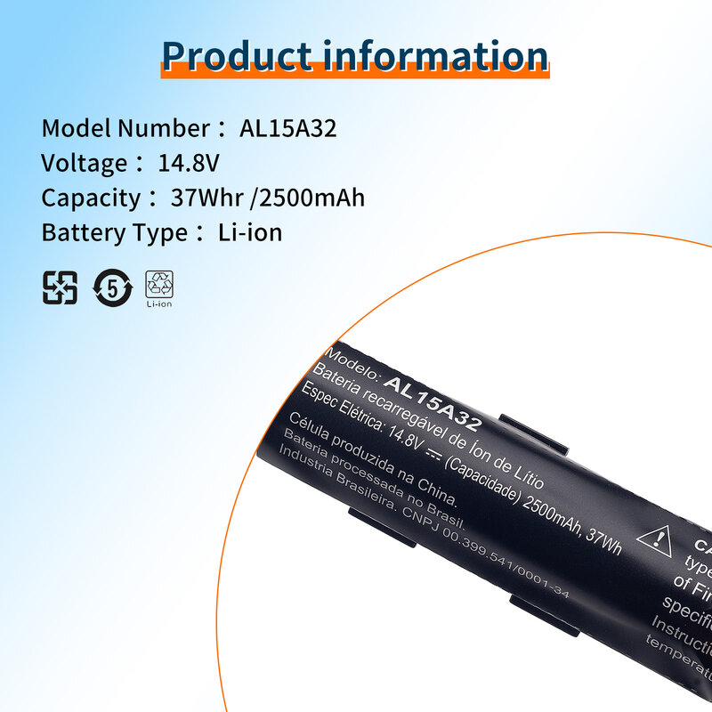 BVBH-Bateria do portátil para Acer Aspire, AL15A32, E5-422G, 472, E5-473, E5-473G, E5-522, E5-532, E5-532T, E5-573G, E5-553G, V3-574G, AL15A32