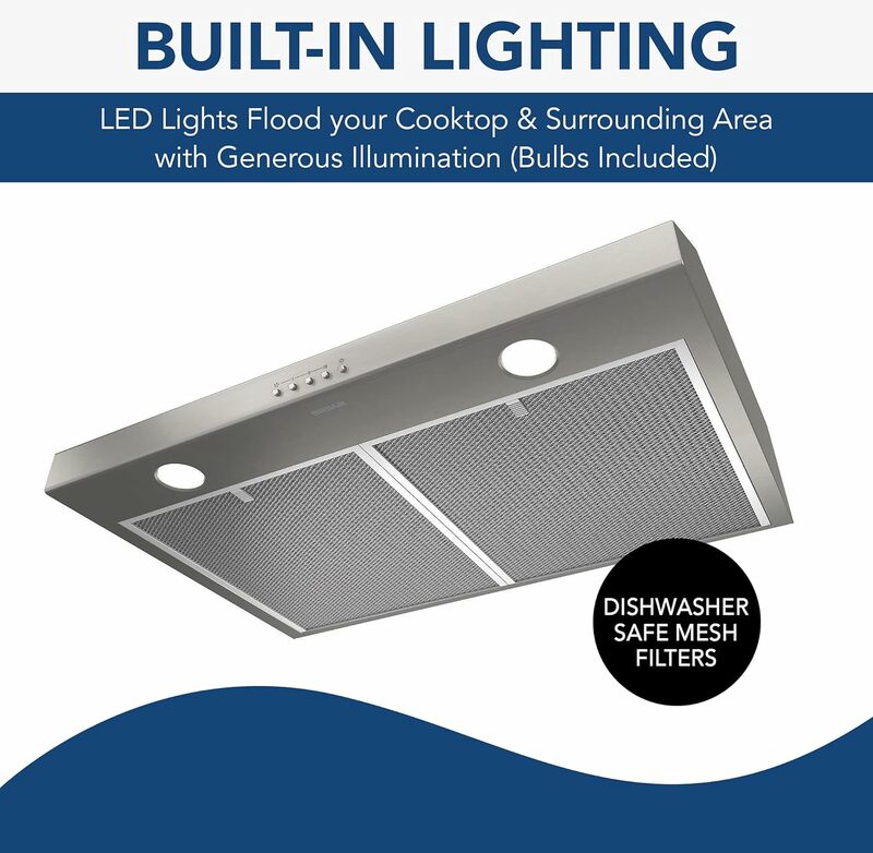 Three-Speed Glacier Under-Cabinet Range Hood with LED Lights ADA Capable, 1.5 Sones, 375 Max Blower CFM, 30-Inch