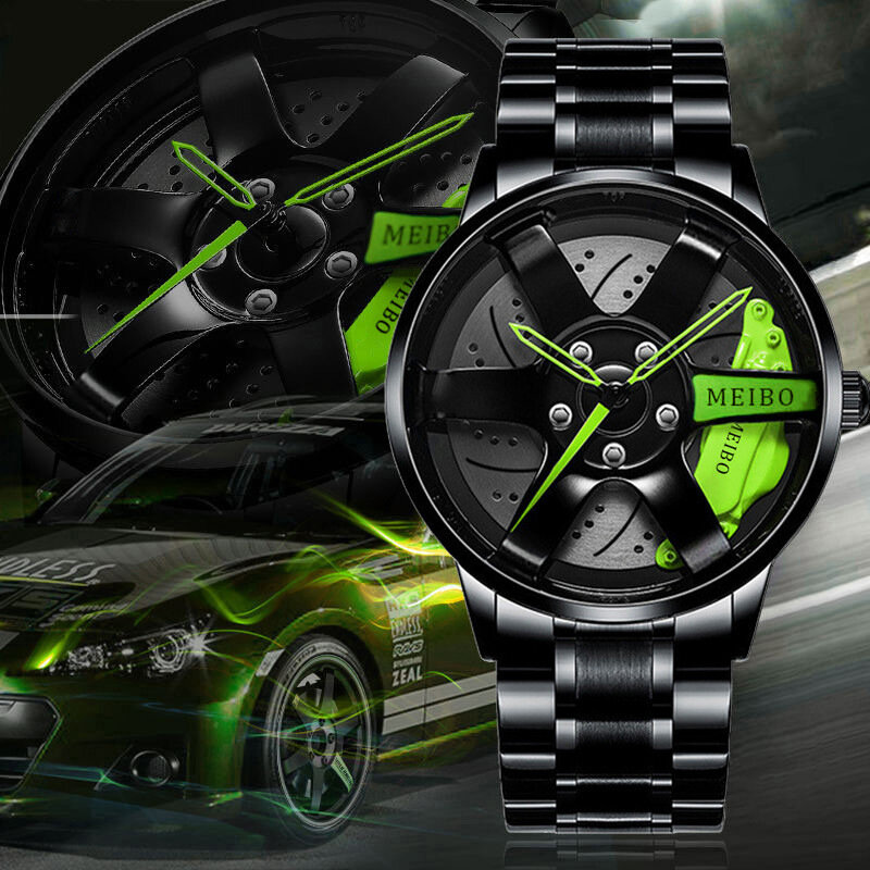 Relógio de quartzo em aço inoxidável para homens, Relógios de couro, Cubo da roda do carro, Relógio esportivo militar