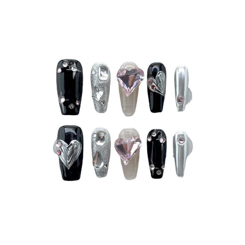 Black Pink Handmade Nails Press on Full Cover Manicuree Big Heart Diamond False Nails Wearable Artificial With Tool Kit