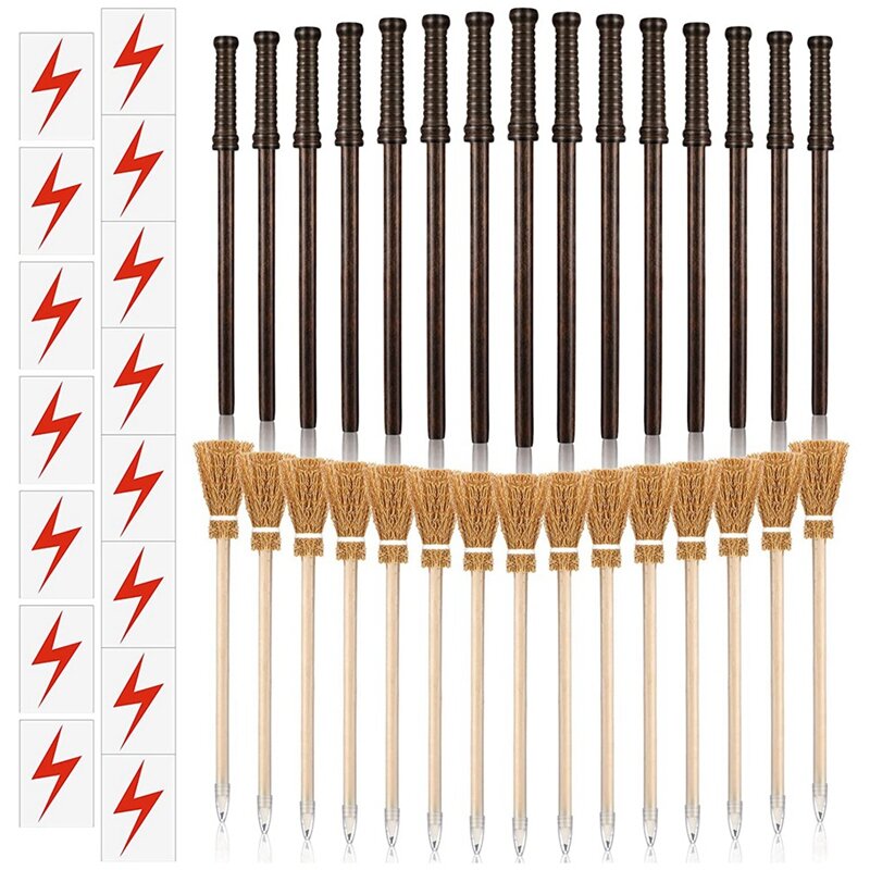 Lápices de varita de piezas, suministros de fiesta de mago, incluye 15 lápices de varita de madera, lápices de 15 escoba de bruja, 15 tatuajes de perno Flash