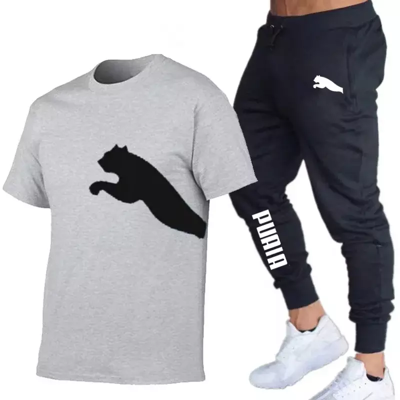 2024Summer Men's Tracksuit Suit Brand Short Sleeve T-Shirt + Trousers 2-Piece Sets Fitness Jogging Sports Pants Sportswear Suit