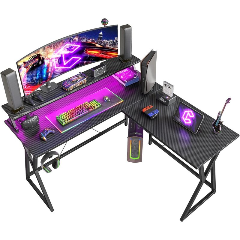 51 Cal na narożnik biurka do gier z paskiem LED i dużym podstawa monitora, ergonomiczny stół do gier, biurko dla graczy, kształt L