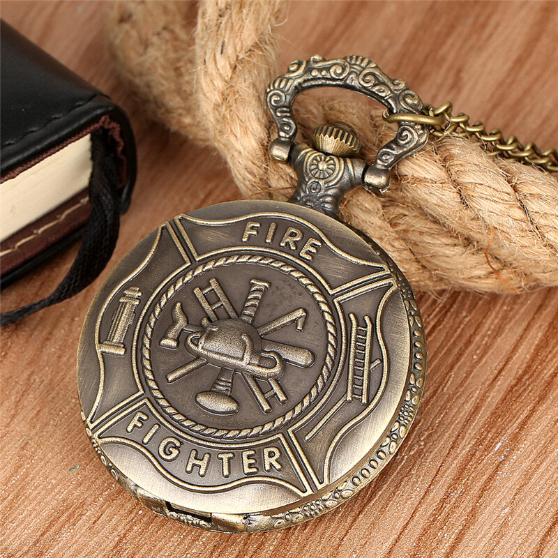 Reloj de bolsillo de cuarzo para hombre, cronógrafo analógico con diseño de bombero, cadena de collar de cazador completo, números árabes, regalo