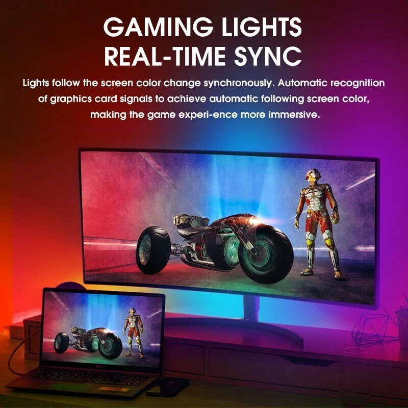 Gaming Lights Strip com Controle Inteligente, Retroiluminação do Monitor do Computador, Tela RGB, Luz de Sincronização de Cores, LED, Atmosfera de Férias