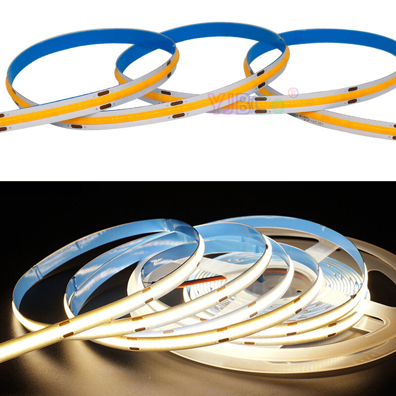 Flexível COB LED Strip Light, Fita FOB Linear de Alta Densidade, Cor Única, 5m, 12V, 24V DC, 528 LEDs/m, 8mm, 384 LEDs/m