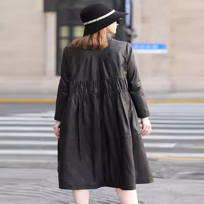 Chaqueta larga de cuero genuino para mujer, abrigo holgado con cuello de solapa y botonadura única, gabardina cálida de invierno, novedad