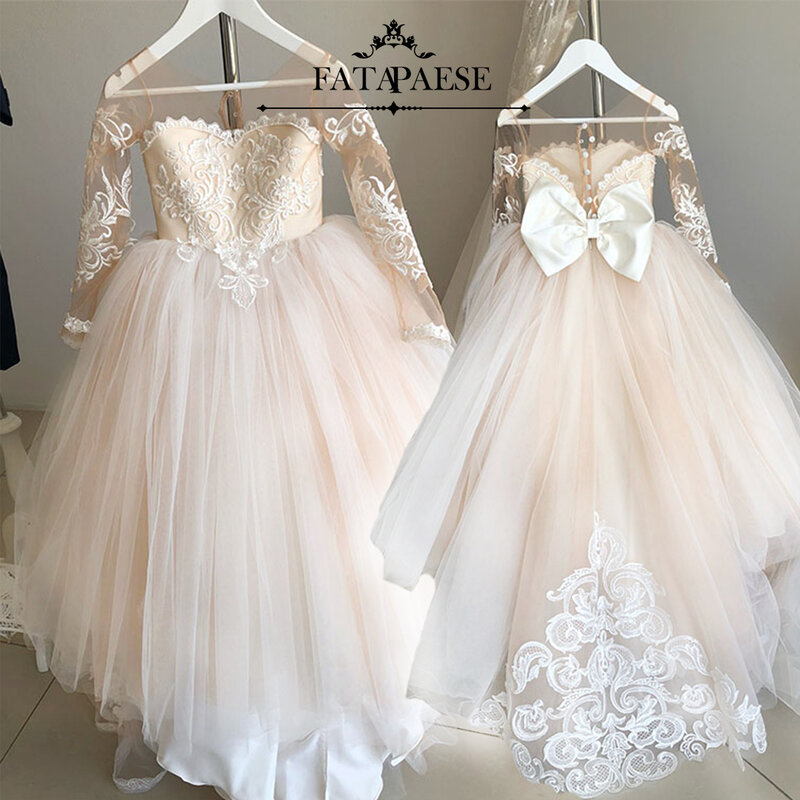 Fatapese Vintage koronka księżniczki tiulowa sukienka dla dziewczynek dziecko wesele suknia ślubna suknia wieczorowa