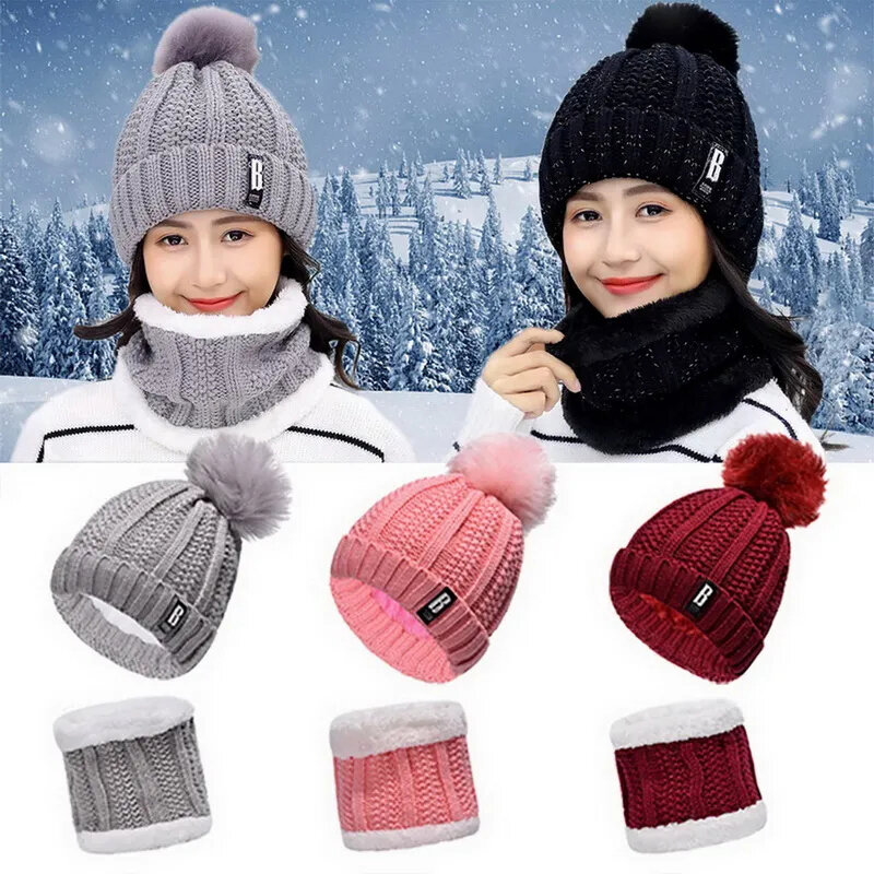여성용 양모 니트 모자, 스키 모자 세트, 방풍 겨울 야외 니트, 두꺼운 샴 스카프 칼라, 따뜻한 얼굴 유지, 비니 모자