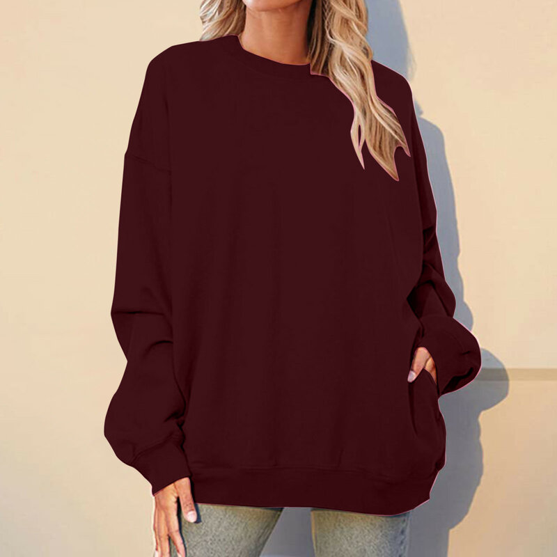 Женская винтажная Толстовка Оверсайз с круглым вырезом, повседневный однотонный пуловер, свободный свитер с капюшоном в стиле Харадзюку, уличная одежда