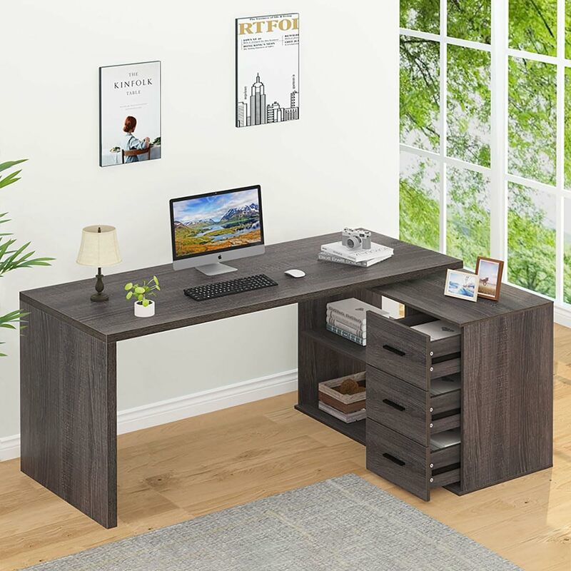 Компьютерный стол HSH L-образной формы с ящиками, стол L-образной формы с полками для хранения, большой двусторонний угловой офисный стол