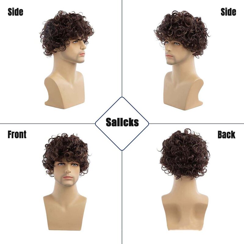 Men Synthetic Short Brown Wigs for Man Curly Hair Fluffy Wig with Bangs Heat Resistant Breathable Daily Wear Fake Ha