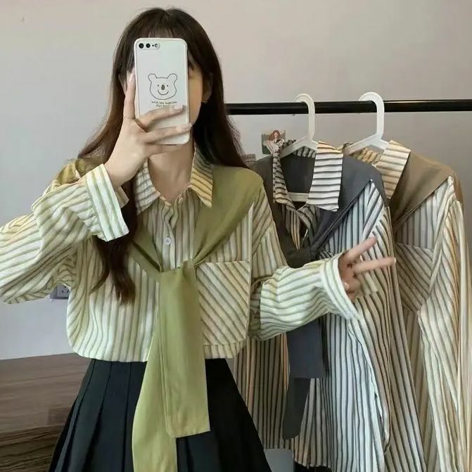 Женская рубашка в полоску, осенняя Корейская новая рубашка-поло с воротником, модная накидка с карманами на пуговицах, повседневные универсальные Топы с длинным рукавом