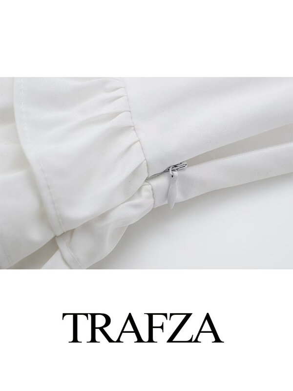 Trafza กระโปรงแต่งระบายเอวสูงสีขาววินเทจสำหรับผู้หญิง2024ฤดูร้อนมีซิป Y2K หวานเพรียวบางแบบพับได้