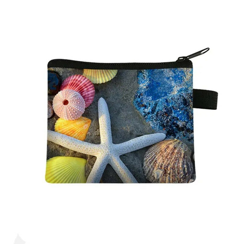 女性と女の子のためのoceanビーチコイン財布,レジャーとショッピングバッグ,ヒトデとコーン,3Dプリントの財布,IDとクレジットカードのカバー