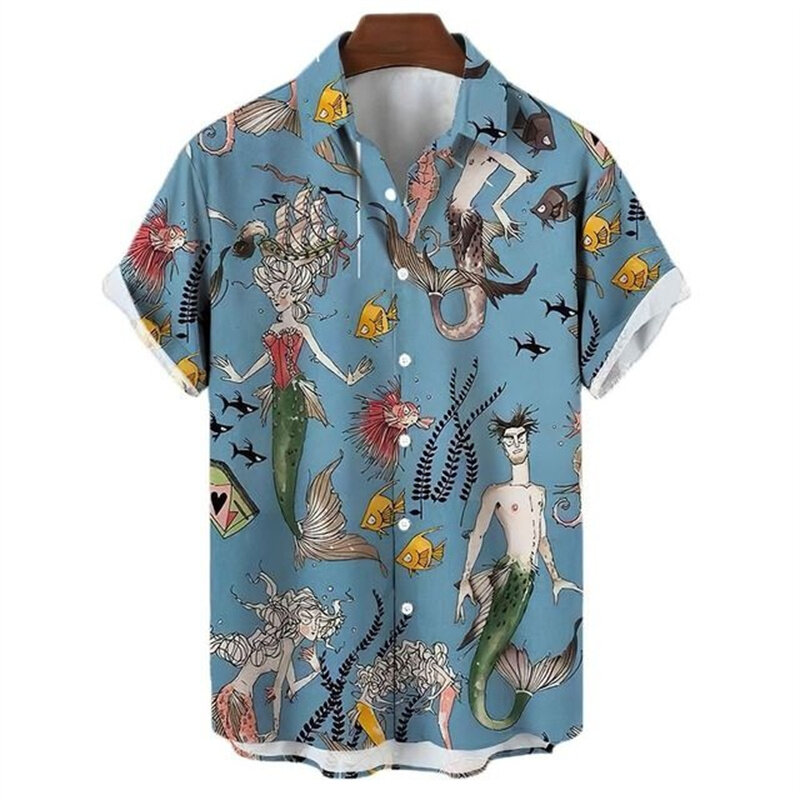 Retro męskie koszule hawajskie 3D drukuj syrenka grafika Casual guzik z krótkim rękawem klapa Streetwear koszule hawajskie dla mężczyzn lato
